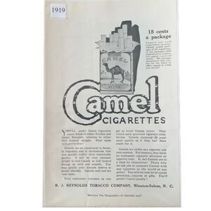 Vintage 1919 Camel Cigarettes 18 Cents a Package Ad Advertisement